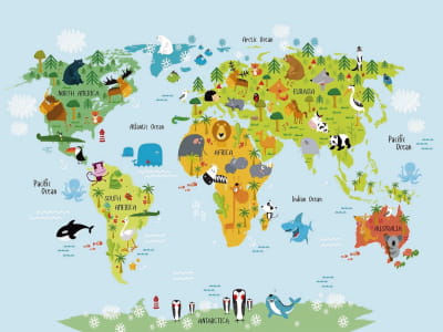 Fototapeta Dziecięca mapa świata ze zwierzętami