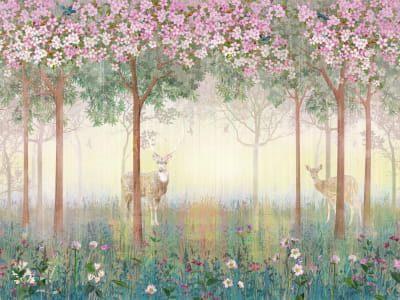 Fototapeta Jeleń w kwitnącym lesie
