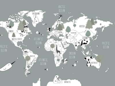 Fototapeta Szara mapa świata ze zwierzętami