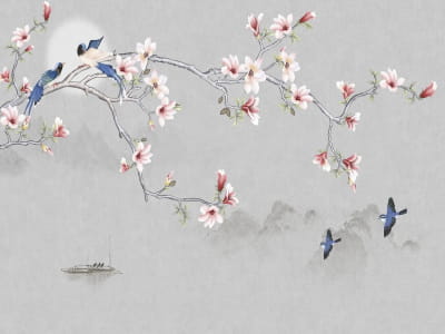 Fototapeta Różowa magnolia i ptaki