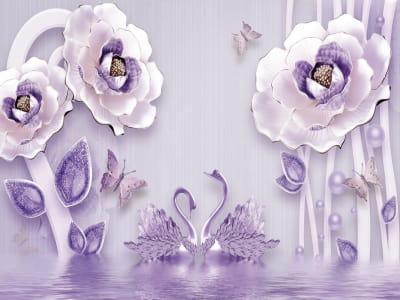 Fototapeta Purpurowi kwiaty z łabędziami 3D