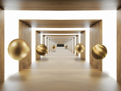 Fototapeta Złote kule w tunelu 3D