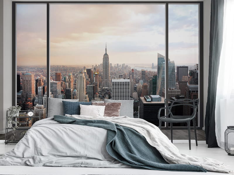 Fototapeta Widok z okna na miasto we wnętrzu sypialni