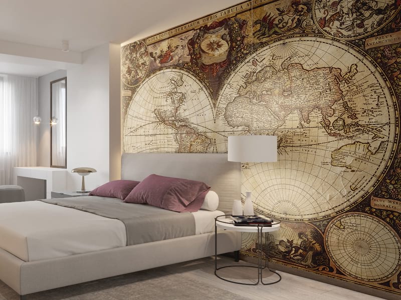 Fototapeta Stara mapa świata we wnętrzu sypialni