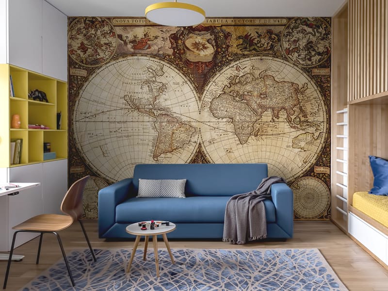 Fototapeta Stara mapa świata we wnętrzu pokoju nastolatka
