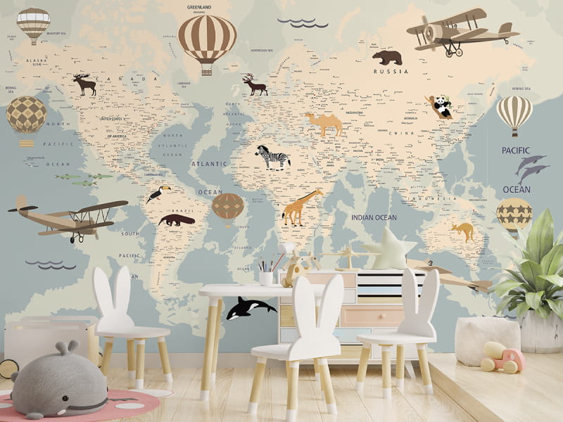 Fototapeta Mapa świata ze zwierzętami we wnętrzu pokoju dziecka