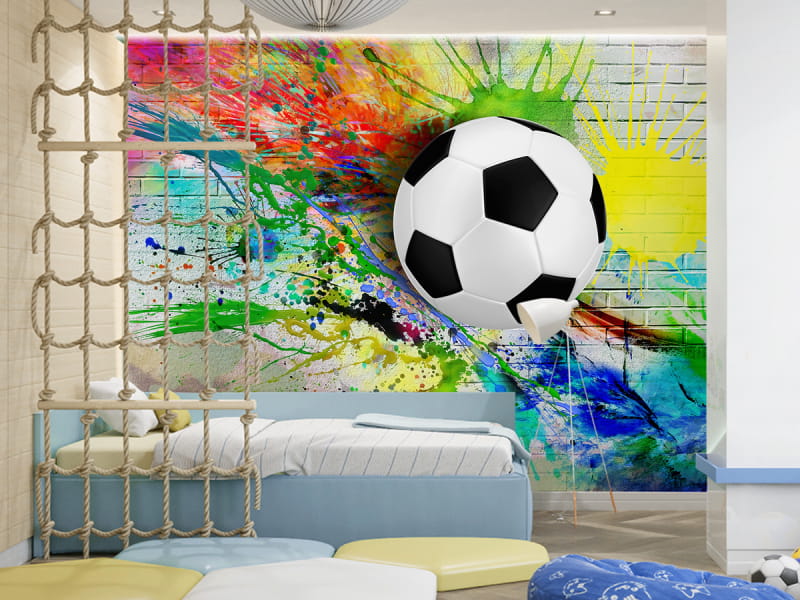 Fototapeta Piłka nożna i farby we wnętrzu pokoju dziecka