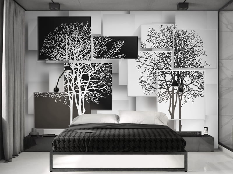 Fototapeta Czarno-białe drzewa we wnętrzu sypialni
