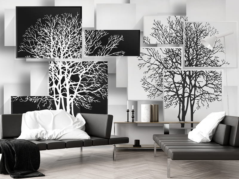 Fototapeta Czarno-białe drzewa we wnętrzu salonu