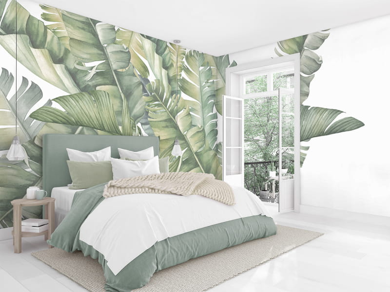 Fototapeta Wzór tropikalnych liści we wnętrzu sypialni