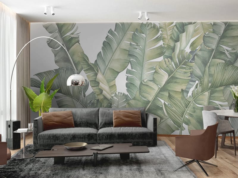 Fototapeta Wzór tropikalnych liści we wnętrzu salonu