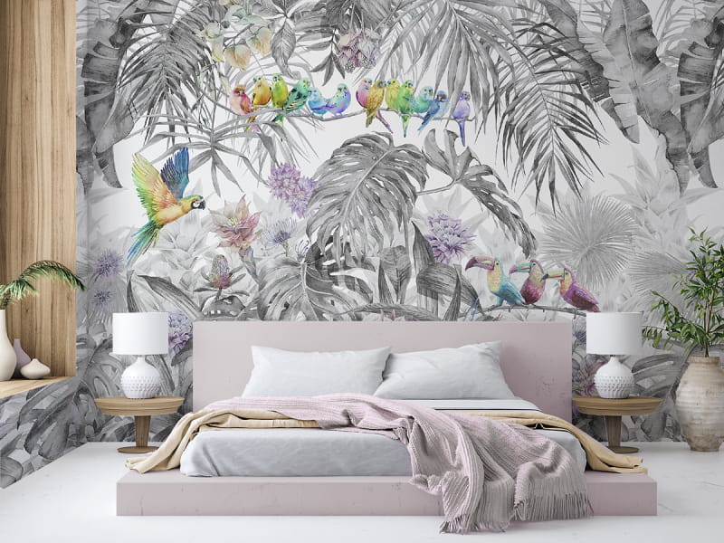 Fototapeta Papugi w dżungli we wnętrzu sypialni