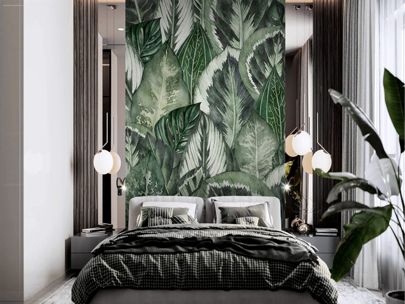 Fototapeta Rośliny tropikalne we wnętrzu sypialni