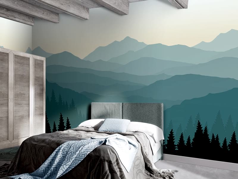 Fototapeta Zielone góry we wnętrzu sypialni