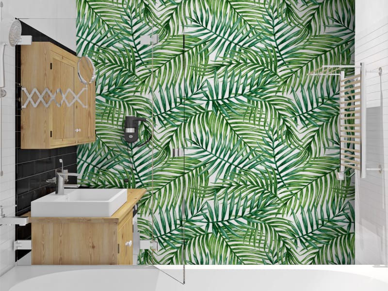 Fototapeta Jasnozielone tropiki we wnętrzu łazienki