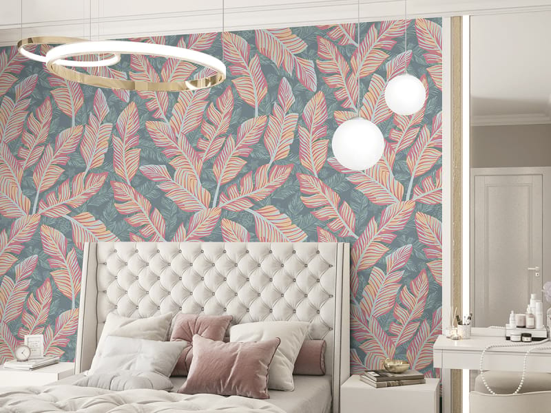 Fototapeta Abstrakcyjne bananowe liście we wnętrzu sypialni