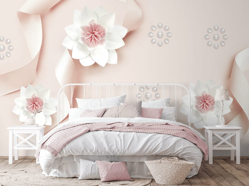Fototapeta Kwiaty w różowe wstążki we wnętrzu sypialni