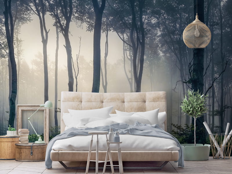 Fototapeta Piękny las we mgle we wnętrzu sypialni