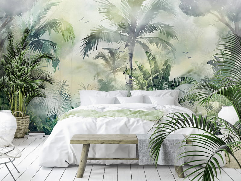 Fototapeta Wiecznie zielone tropiki we wnętrzu sypialni