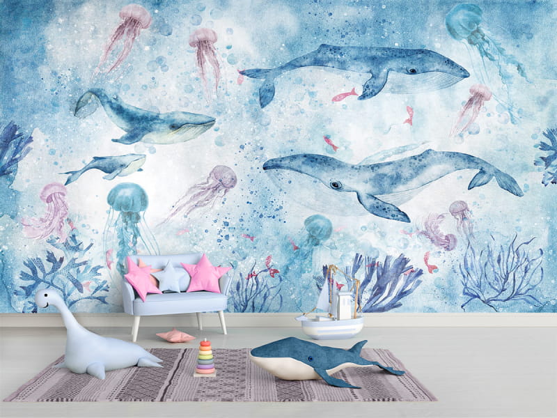 Fototapeta Podróż płetwala błękitnego we wnętrzu pokoju dziecka