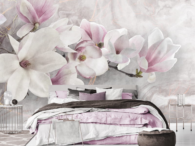 Fototapeta Różowa magnolia 3D we wnętrzu sypialni