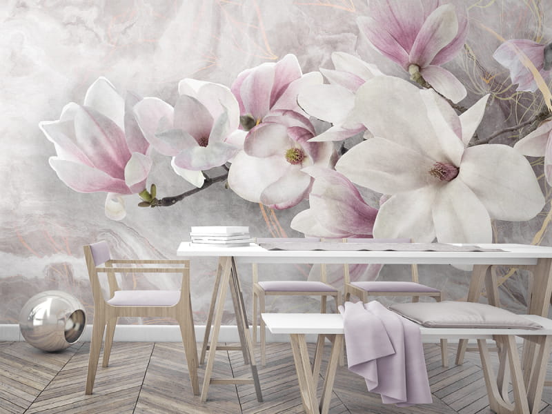 Fototapeta Różowa magnolia 3D we wnętrzu kuchni