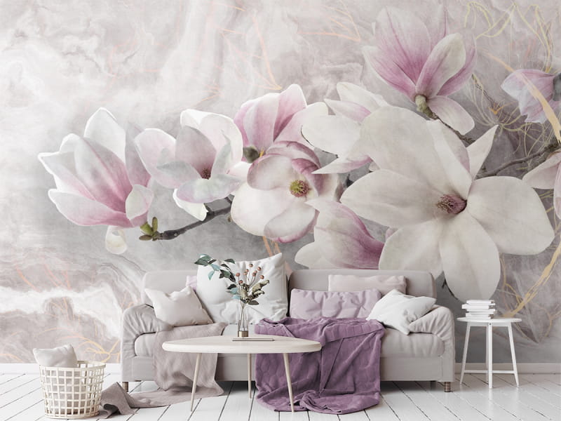 Fototapeta Różowa magnolia 3D we wnętrzu salonu