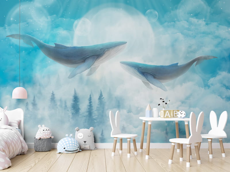 Fototapeta Niebieskie wieloryby we wnętrzu pokoju dziecka