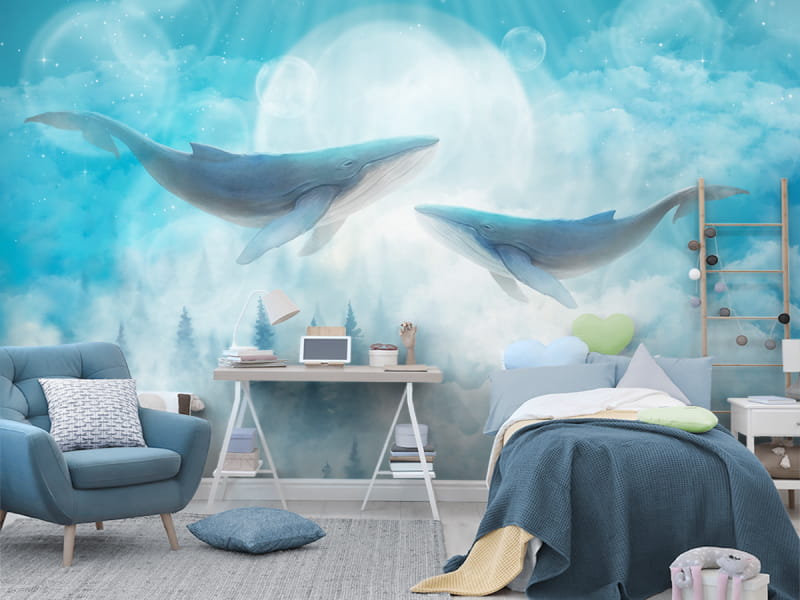 Fototapeta Niebieskie wieloryby we wnętrzu pokoju nastolatka
