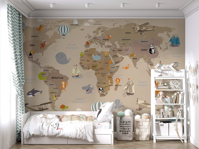 Fototapeta Brązowa mapa ze zwierzętami we wnętrzu pokoju dziecka