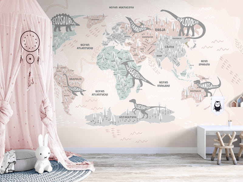 Fototapeta Mapa świata w różowych kolorach we wnętrzu pokoju dziecka