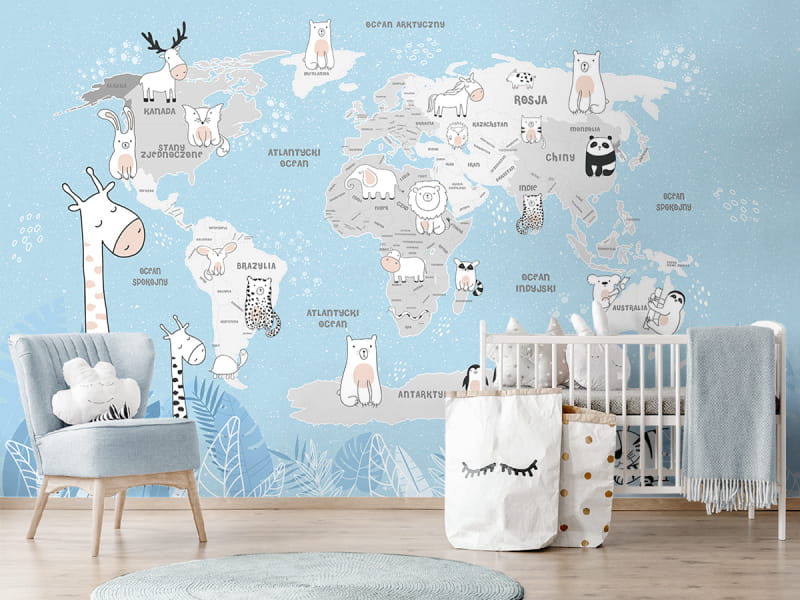 Fototapeta Mapa ze zwierzętami na niebieskim tle we wnętrzu pokoju dziecka