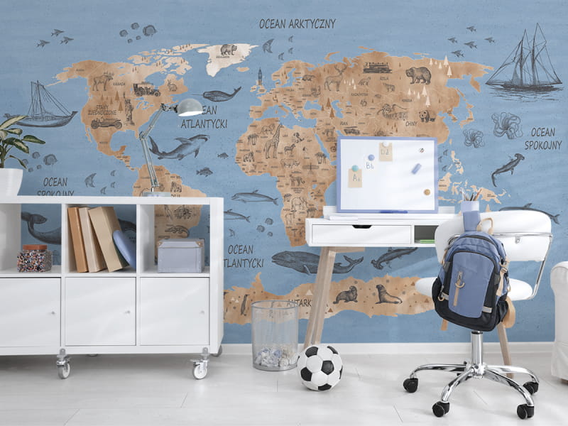 Fototapeta Niebieska mapa świata ze statkami we wnętrzu pokoju dziecka