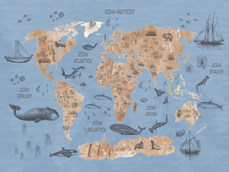 Fototapeta Niebieska mapa świata ze statkami