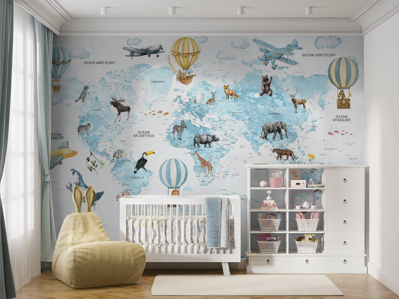 Fototapeta Mapa z balonami i zwierzętami we wnętrzu pokoju dziecka