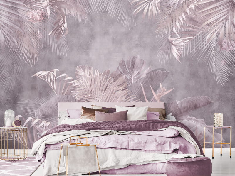 Fototapeta Liście palmowe na różowym tle we wnętrzu sypialni