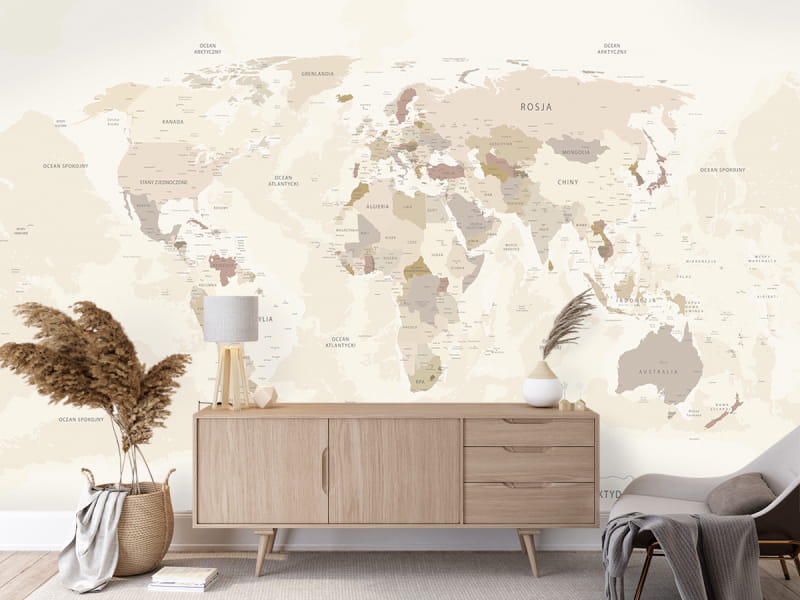 Fototapeta Beżowa mapa świata we wnętrzu salonu