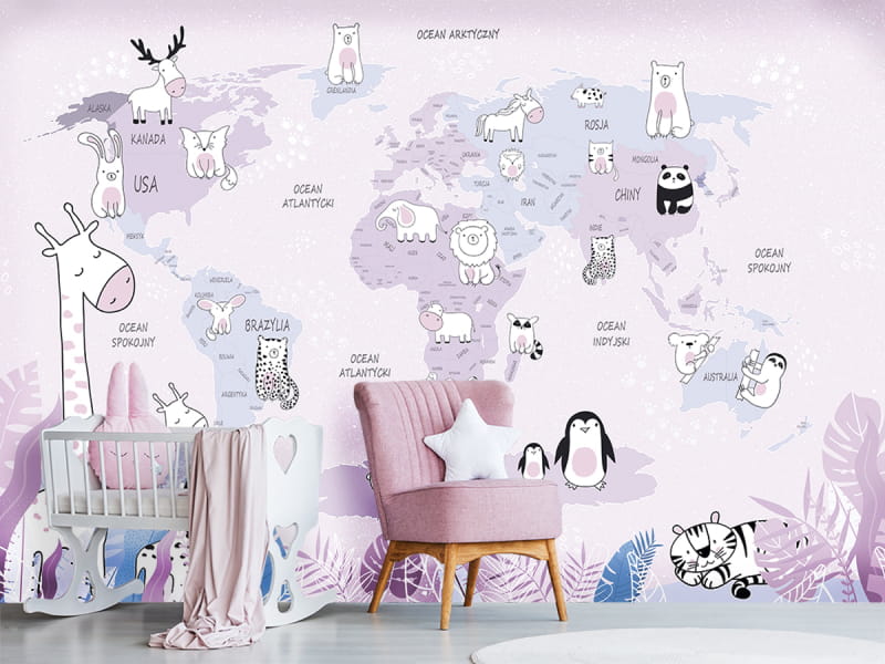 Fototapeta Różowa mapa ze zwierzętami we wnętrzu pokoju dziecka