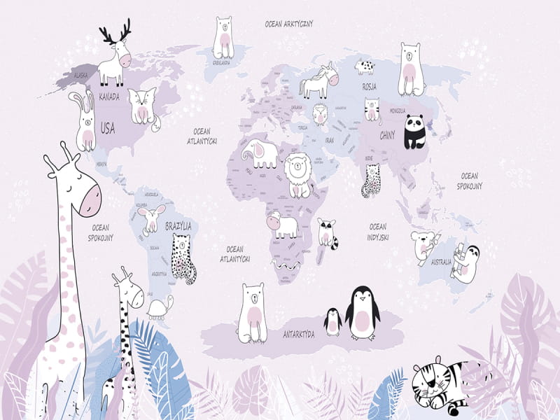 Fototapeta Różowa mapa ze zwierzętami