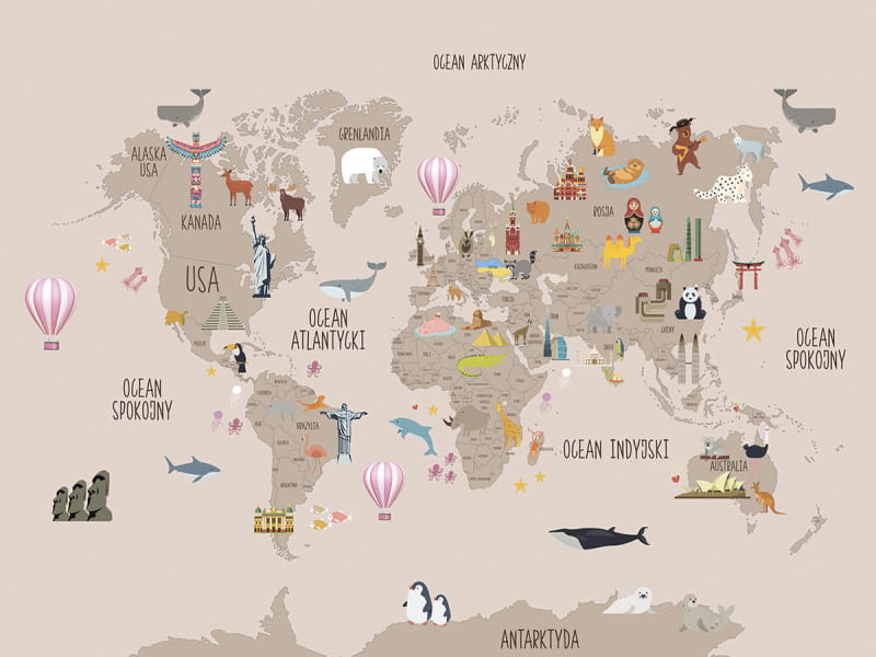 Fototapeta Beżowa mapa ze zwierzętami