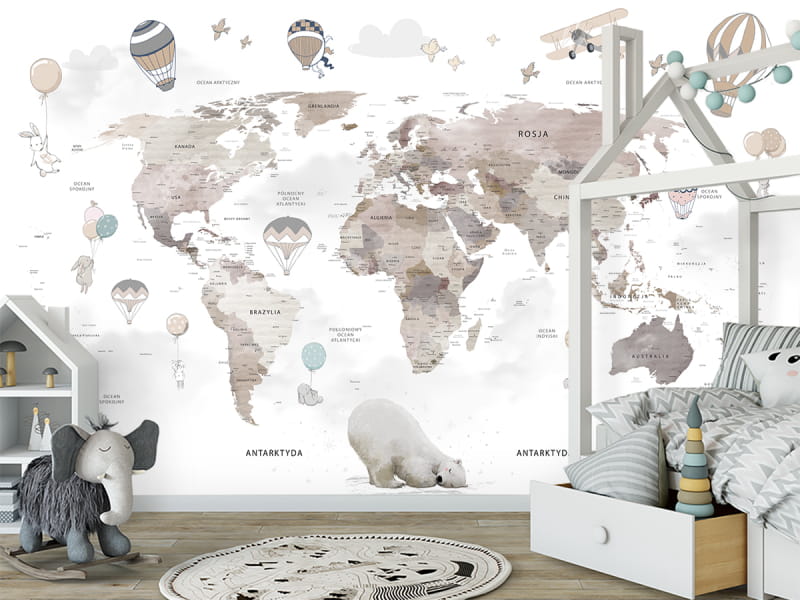 Fototapeta Mapa świata z misiem w pastelowych kolorach we wnętrzu pokoju dziecka