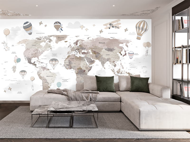 Fototapeta Mapa świata z misiem w pastelowych kolorach we wnętrzu salonu