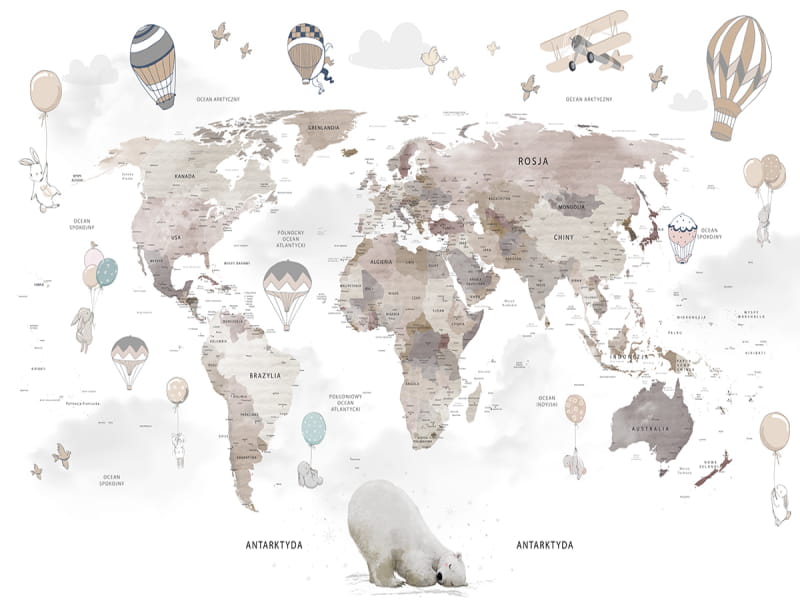 Fototapeta Mapa świata z misiem w pastelowych kolorach