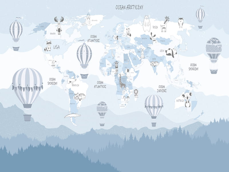 Fototapeta Jasnoniebieska mapa świata z balonami