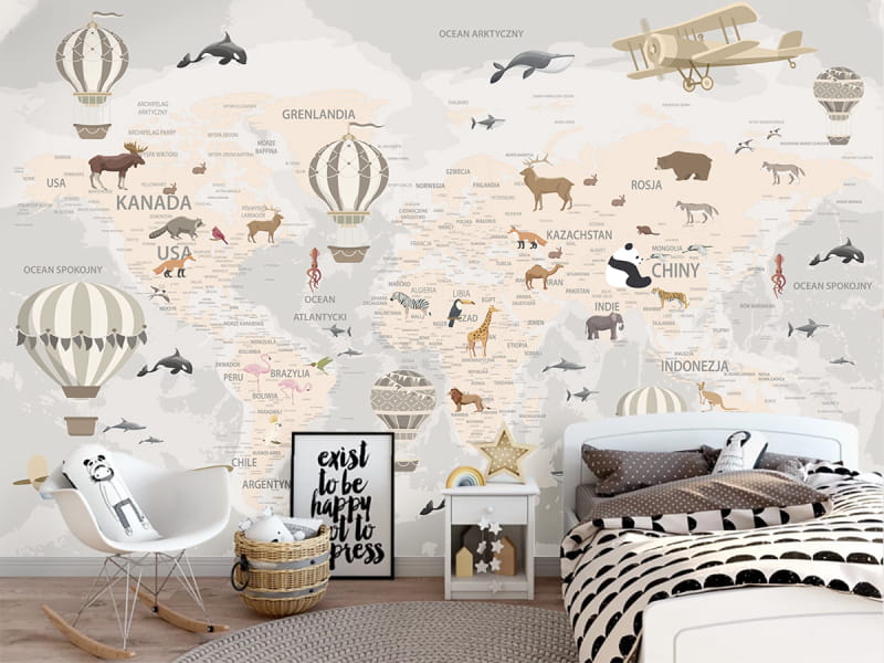 Fototapeta Zwierzęta na beżowej mapie świata we wnętrzu pokoju dziecka