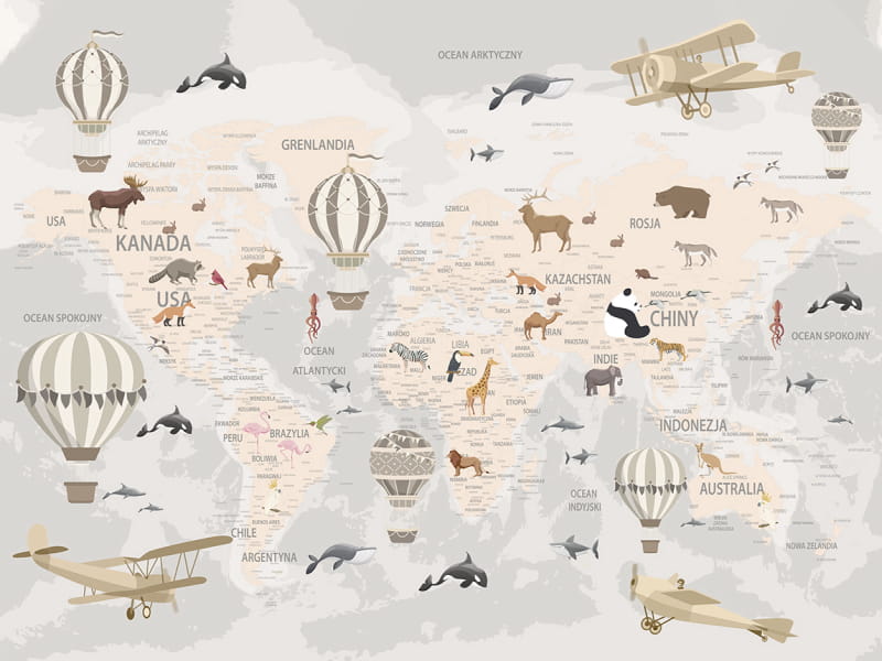 Fototapeta Zwierzęta na beżowej mapie świata