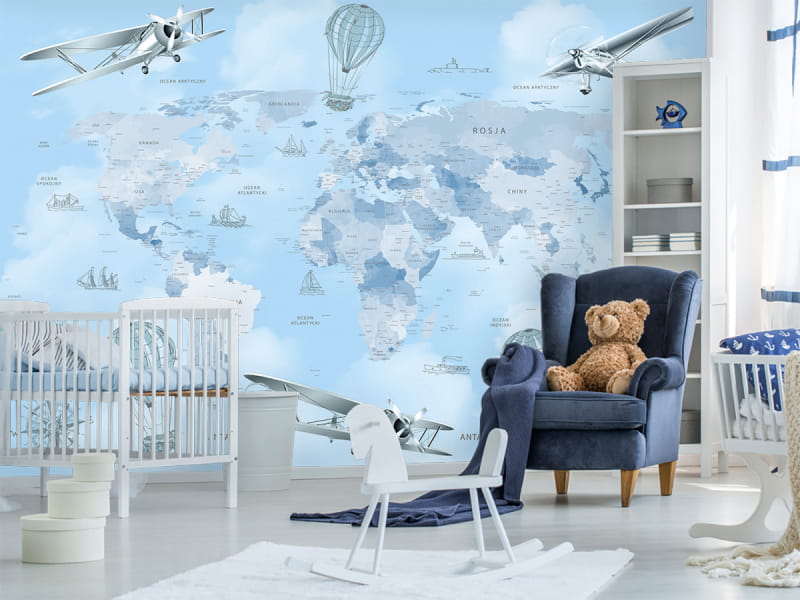 Fototapeta Niebieska mapa świata z samolotami we wnętrzu pokoju dziecka