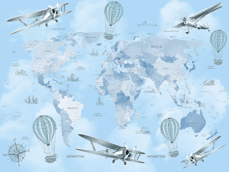 Fototapeta Niebieska mapa świata z samolotami