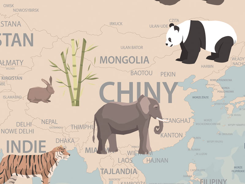 Fototapeta Mapa świata ze zwierzętami i balonami fragment #2