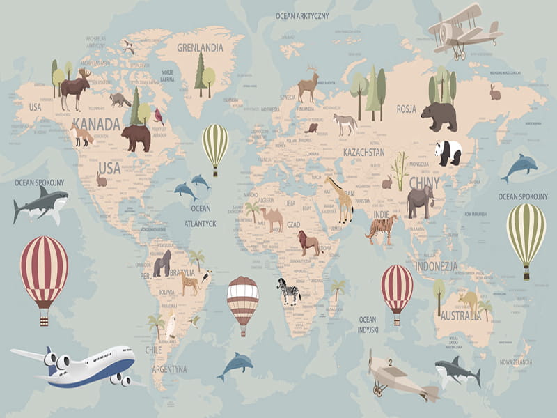 Fototapeta Mapa świata ze zwierzętami i balonami